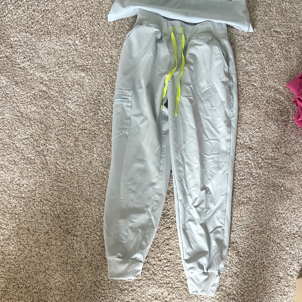 Figs Light Blue Scrub Top and Scrub bottom with Neon Yellow Drawstring Detail